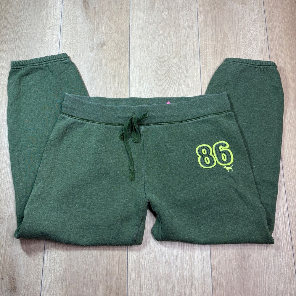 Victoria's Secret PINK Sweatpants Green Neon 86 Logo Joggers Medium Comfy Lounge